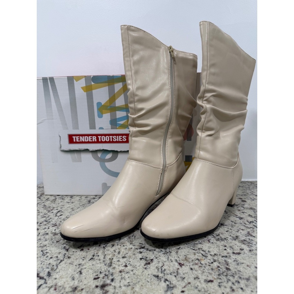Tender Tootsies Cream Ruched Tall Boots Block Heel Slouchy Size‎ 9.5 Wide